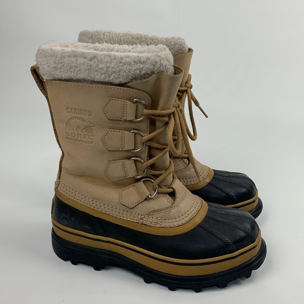 Sorel Caribou Leather Waterproof Boots Size 7-7.5 Tan Black Lace up with Liners